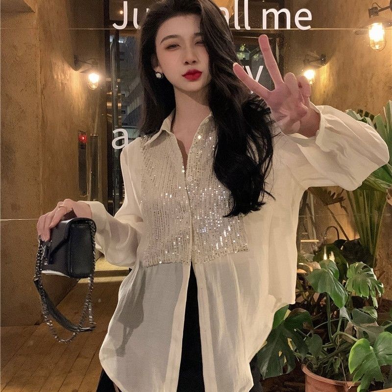 Jiashucheng Áo Sơ Mi Tay Dài Đính Kim Sa Lấp Lánh Phong Cách Pháp Thời Trang Mùa Xuân Mới Cho Nữ