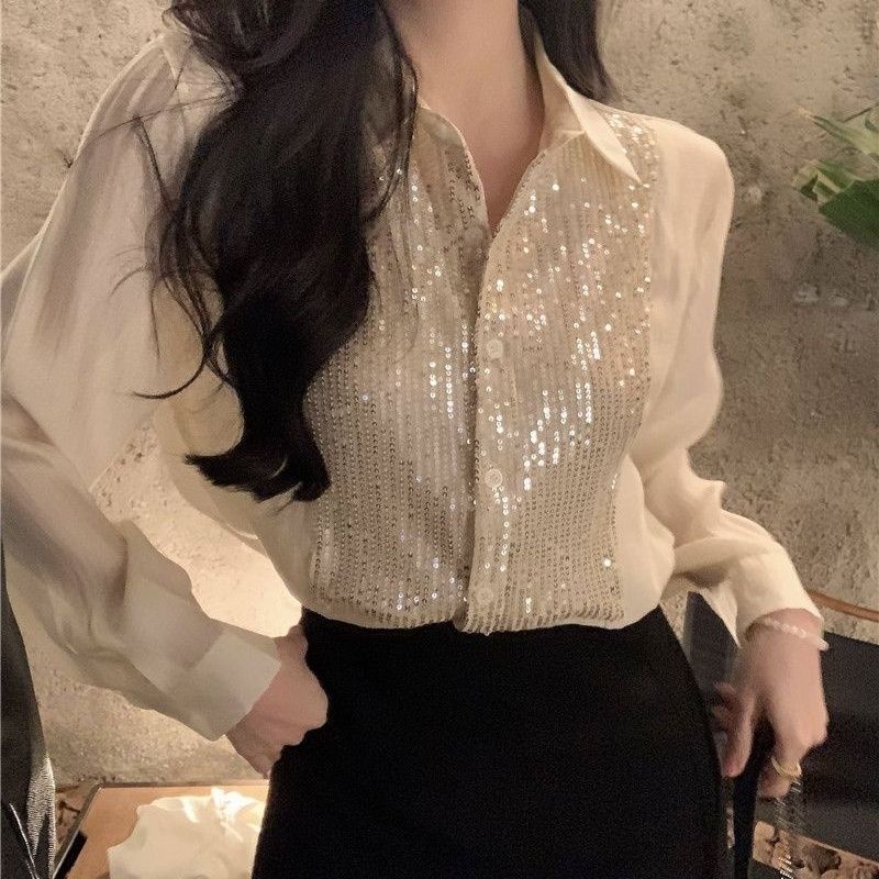 Jiashucheng Áo Sơ Mi Tay Dài Đính Kim Sa Lấp Lánh Phong Cách Pháp Thời Trang Mùa Xuân Mới Cho Nữ