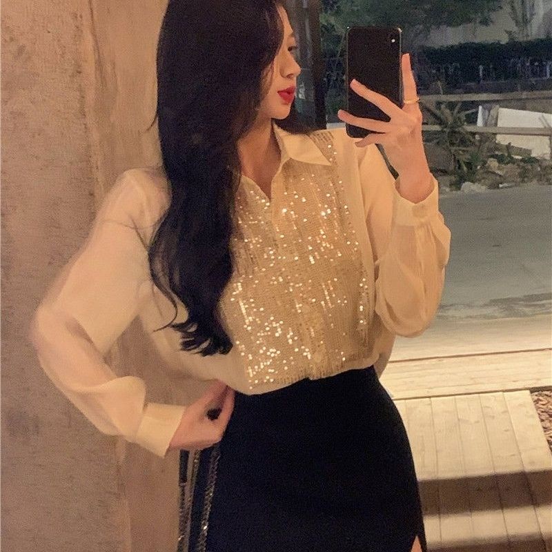 Jiashucheng Áo Sơ Mi Tay Dài Đính Kim Sa Lấp Lánh Phong Cách Pháp Thời Trang Mùa Xuân Mới Cho Nữ