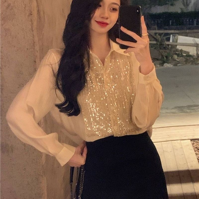 Jiashucheng Áo Sơ Mi Tay Dài Đính Kim Sa Lấp Lánh Phong Cách Pháp Thời Trang Mùa Xuân Mới Cho Nữ