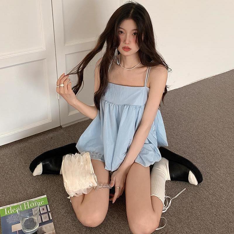 Jiashucheng Sister Áo Sơ Mi Hai Dây Dáng Rộng Cột Dây Màu Trơn Phong Cách Mới Mùa Hè Ngọt Ngào Cho Nữ