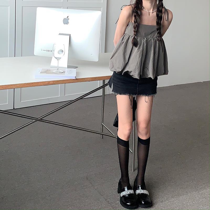 Jiashucheng Sister Áo Sơ Mi Hai Dây Dáng Rộng Cột Dây Màu Trơn Phong Cách Mới Mùa Hè Ngọt Ngào Cho Nữ