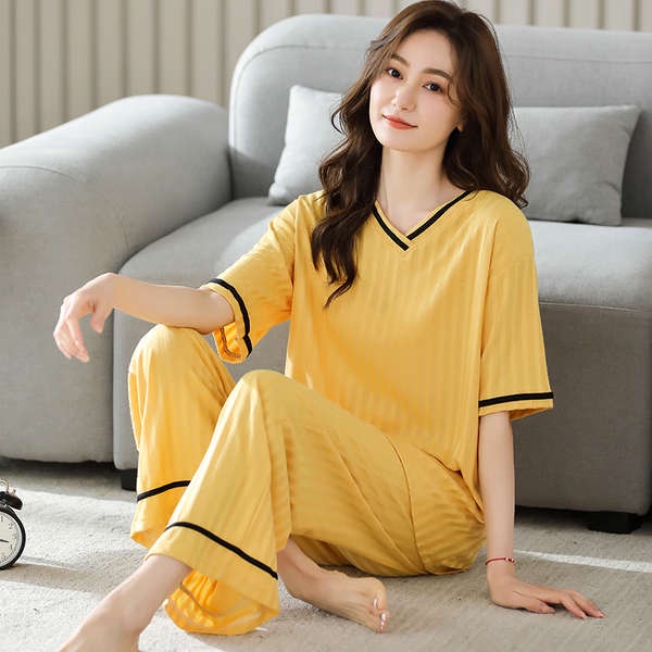 Set Áo Thun Ngắn Tay + Quần Dài Ống Rộng Thời Trang Nữ ❦Bộ Đồ Ngủ Xuân Hè Bằng Cotton Nguyên Chất Hai Mảnh Áo Tay Ngắn + Quần Dài Dáng Rộng Dễ Thương Có Thể Mặc Cho Nữ☝