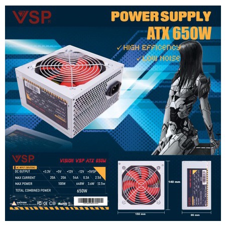 Nguồn Vi Tính Vsp Vision 650w Quạt Tản Nhiệt Máy Vi Tính Fan 12cm -Box