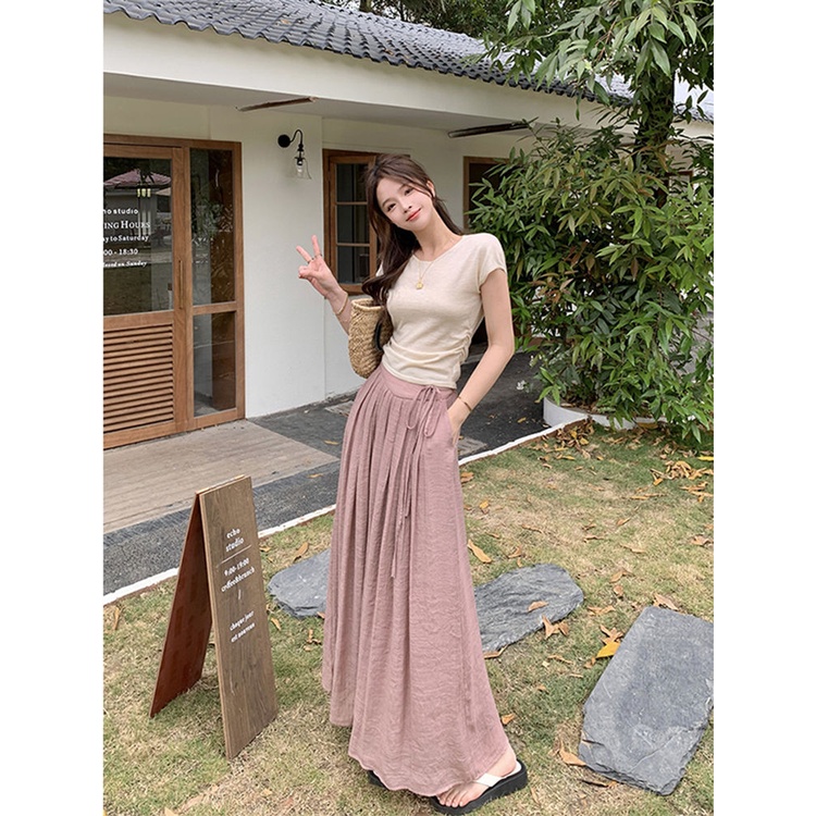 Jiashucheng Quần Dài Lưng Cao Cột Dây Co Giãn Thời Trang Mùa Hè Xinh Xắn Cho Nữ