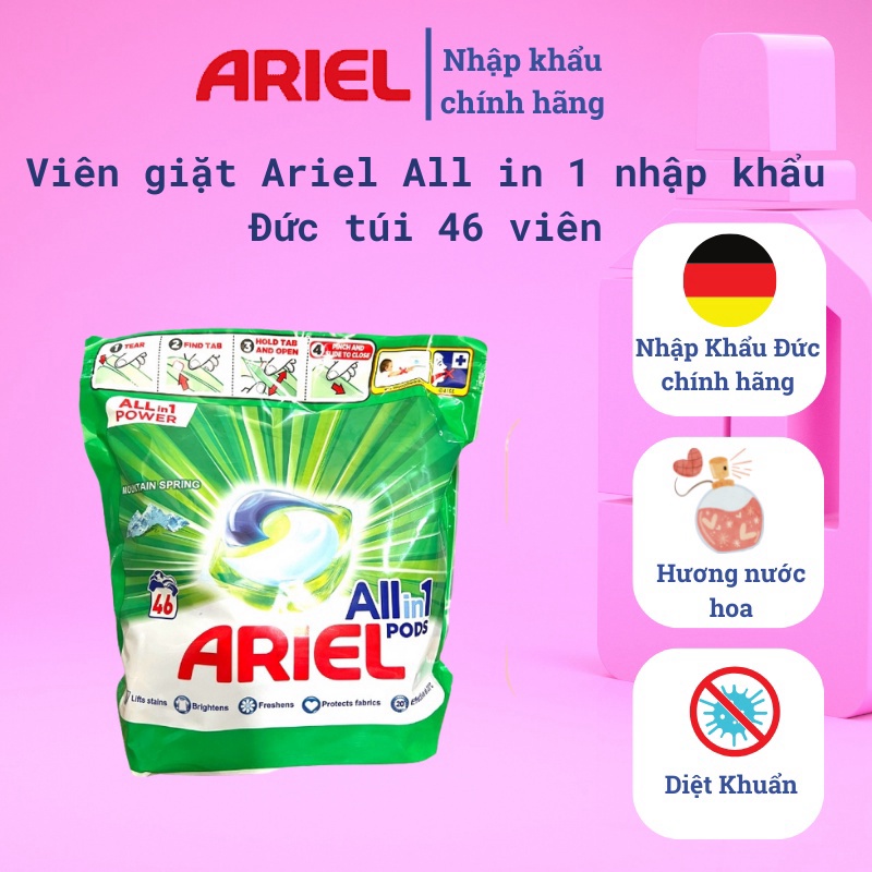 SALE Viên giặt xả quần áo Ariel 3in1 giặt sạch,xả mềm và vệ sinh lồng giặt hàng nội địa Đức diệt khuẩn, hương thơm lâu.