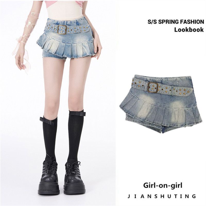Jiashucheng Chân Váy Denim Ngắn Dáng Chữ a Lưng Thấp Phối Bèo Thời Trang Mùa Hè Dễ Phối Đồ