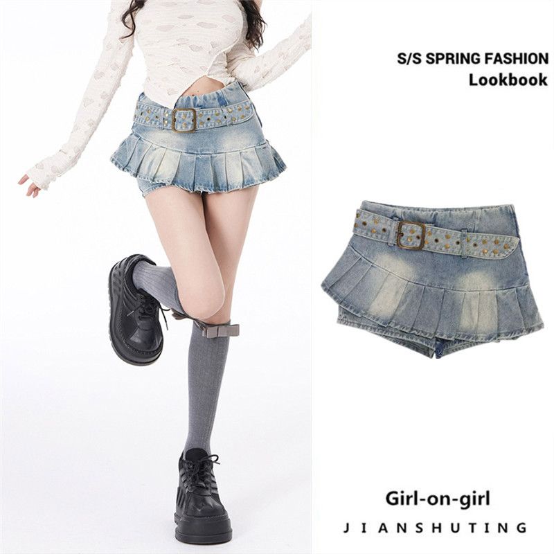 Jiashucheng Chân Váy Denim Ngắn Dáng Chữ a Lưng Thấp Phối Bèo Thời Trang Mùa Hè Dễ Phối Đồ