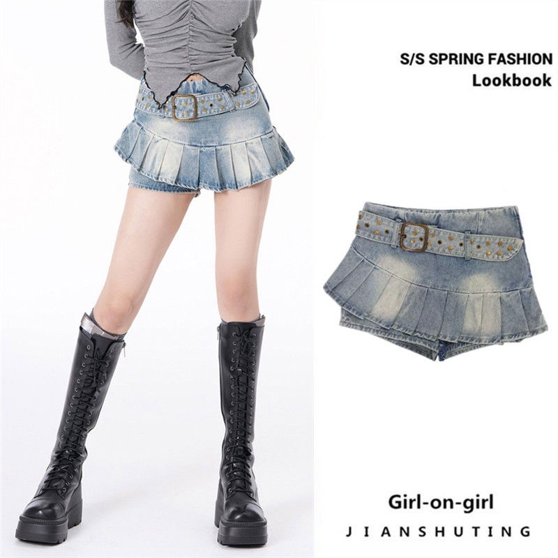 Jiashucheng Chân Váy Denim Ngắn Dáng Chữ a Lưng Thấp Phối Bèo Thời Trang Mùa Hè Dễ Phối Đồ