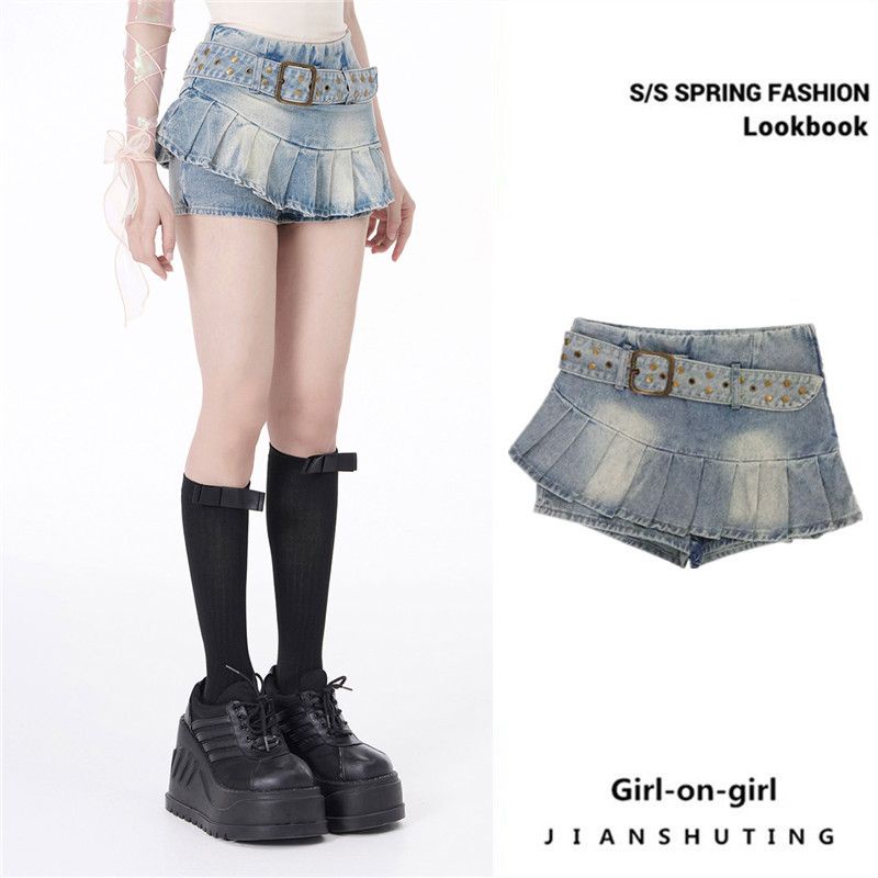 Jiashucheng Chân Váy Denim Ngắn Dáng Chữ a Lưng Thấp Phối Bèo Thời Trang Mùa Hè Dễ Phối Đồ