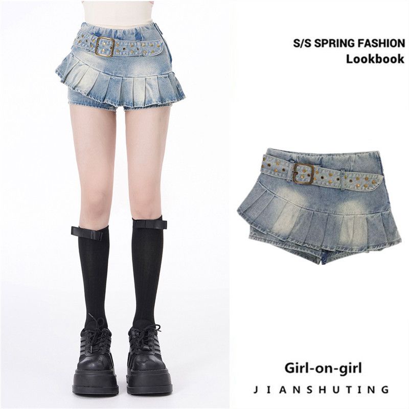 Jiashucheng Chân Váy Denim Ngắn Dáng Chữ a Lưng Thấp Phối Bèo Thời Trang Mùa Hè Dễ Phối Đồ
