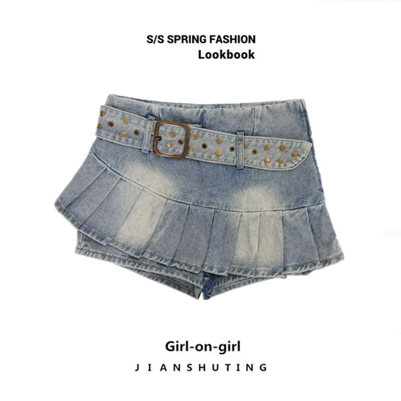 Jiashucheng Chân Váy Denim Ngắn Dáng Chữ a Lưng Thấp Phối Bèo Thời Trang Mùa Hè Dễ Phối Đồ