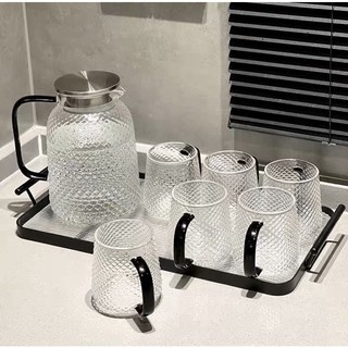 Bộ bình nước , cốc uống nước thuỷ tinh chịu nhiệt vân dập nổi