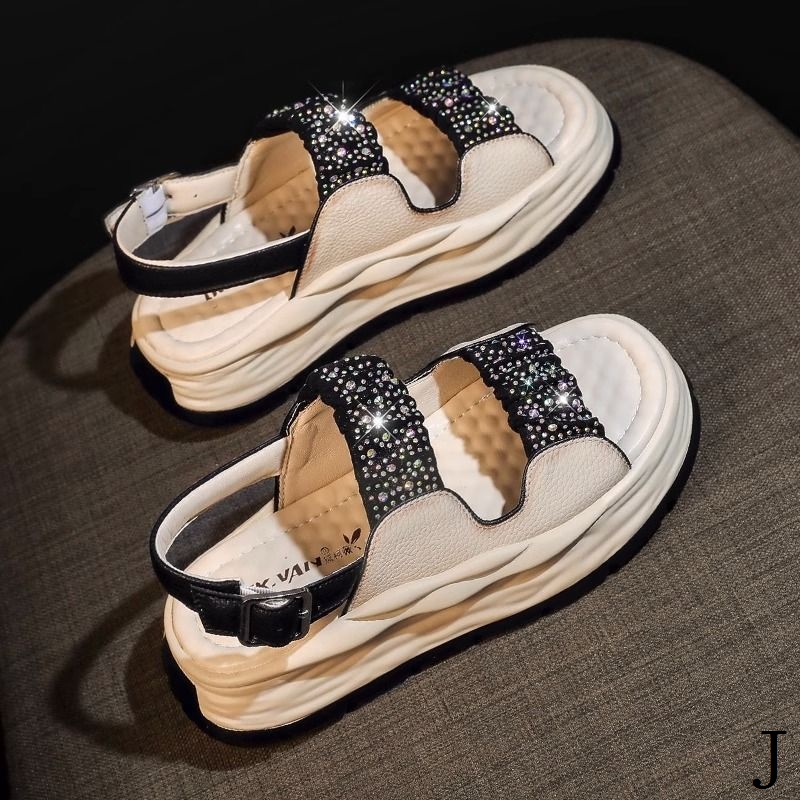 Dép Sandal Đế Dày Quai Ngang Đính Đá Thời Trang Mùa Hè 2023 Phong Cách Mới Cho Nữ