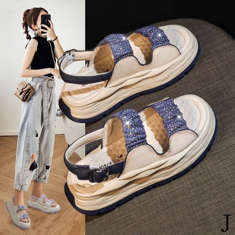 Dép Sandal Đế Dày Quai Ngang Đính Đá Thời Trang Mùa Hè 2023 Phong Cách Mới Cho Nữ