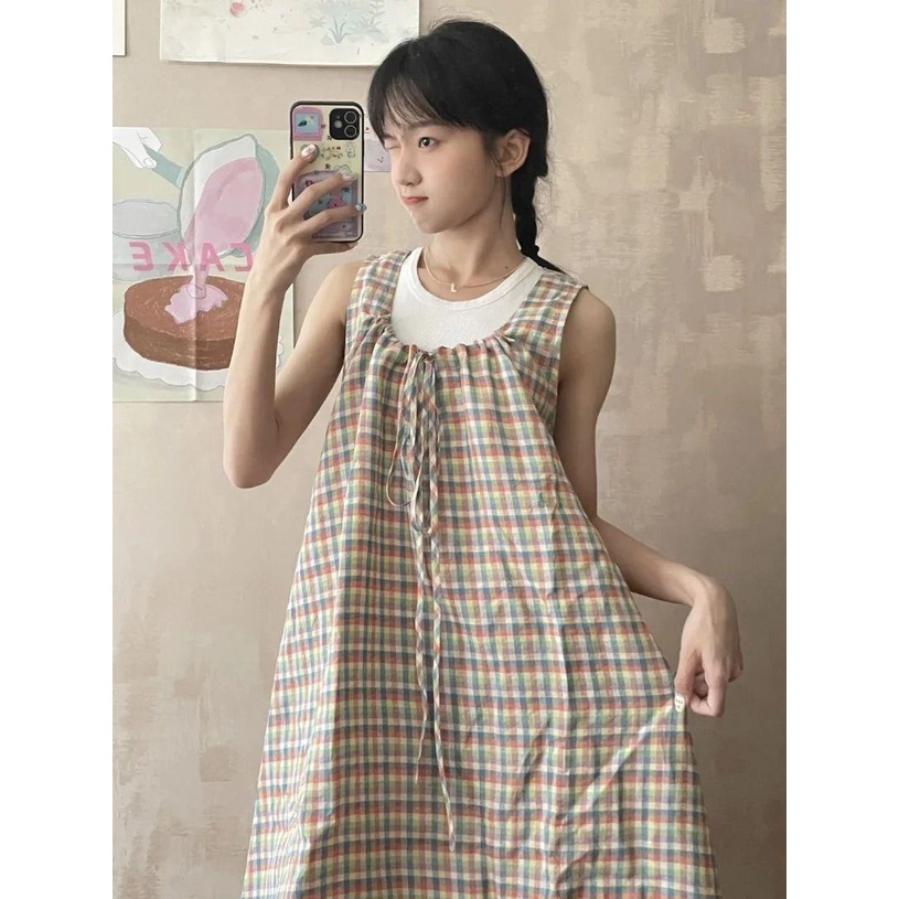 Đầm Nữ Hai Dây Dáng Rộng Giả Hai Lớp Phong Cách Ngọt Ngào Thời Trang Mùa Hè