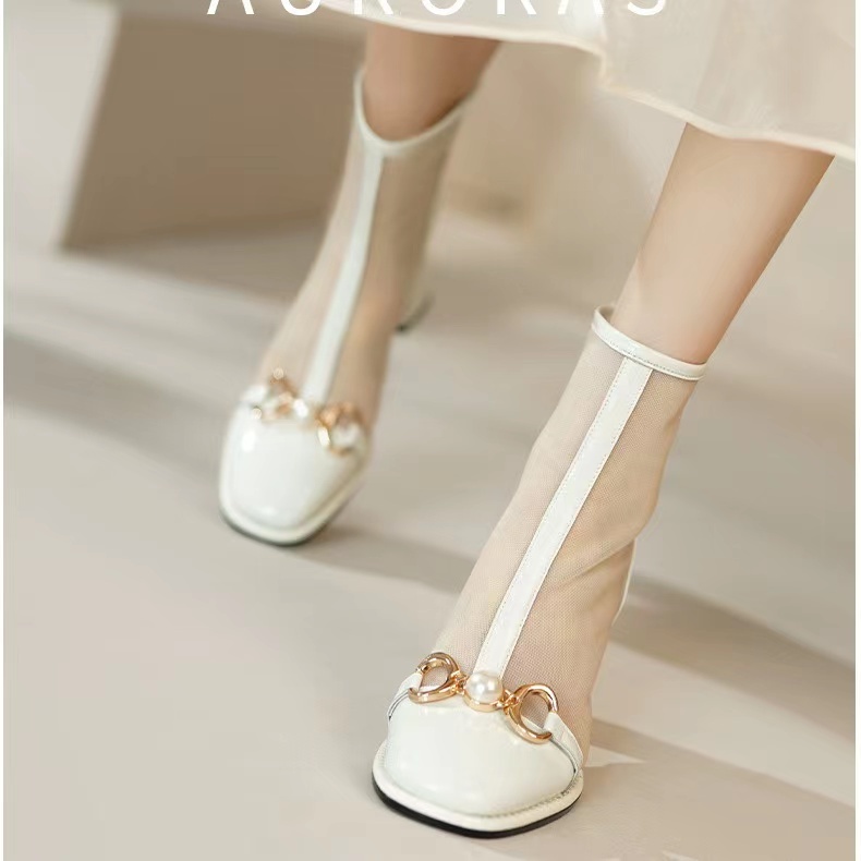 Giày Bốt Cao Gót Mũi Vuông Phối Lưới Mỏng Nhẹ Phong Cách Mới 2023