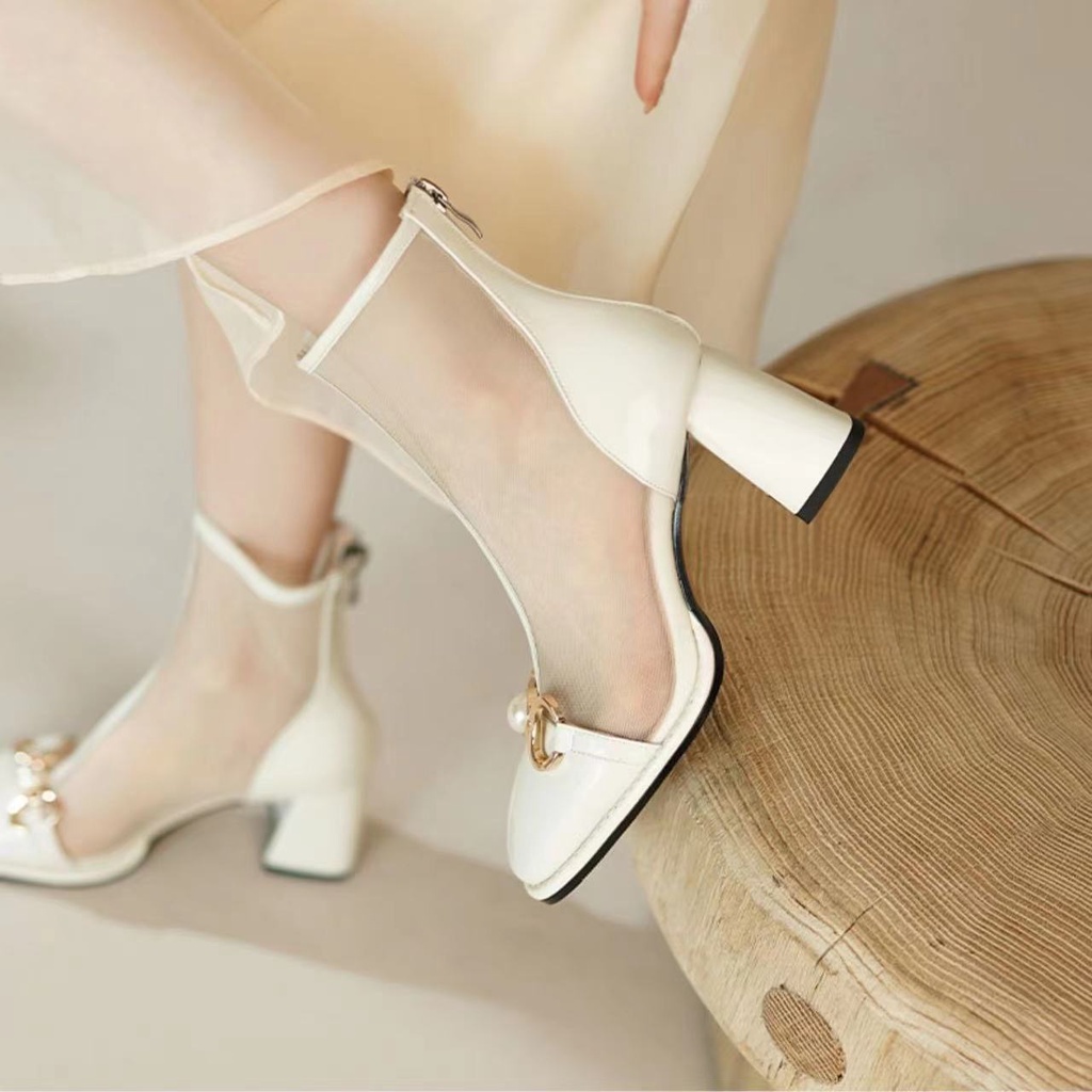 Giày Bốt Cao Gót Mũi Vuông Phối Lưới Mỏng Nhẹ Phong Cách Mới 2023