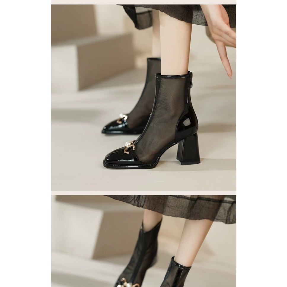 Giày Bốt Cao Gót Mũi Vuông Phối Lưới Mỏng Nhẹ Phong Cách Mới 2023