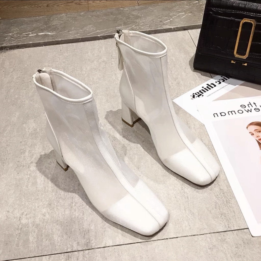 Giày Bốt Martin Cao Gót Mũi Vuông Phối Lưới Mỏng Thời Trang Xuân Hè 2023 Mới