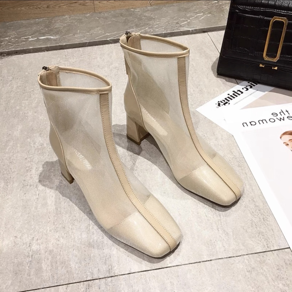 Giày Bốt Martin Cao Gót Mũi Vuông Phối Lưới Mỏng Thời Trang Xuân Hè 2023 Mới