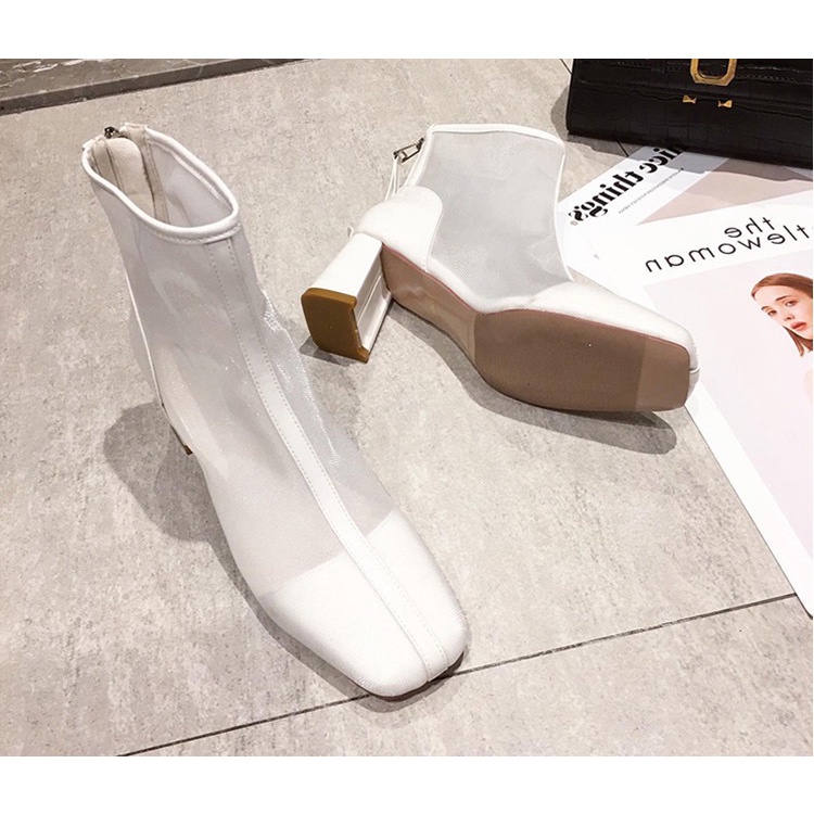 Giày Bốt Martin Cao Gót Mũi Vuông Phối Lưới Mỏng Thời Trang Xuân Hè 2023 Mới