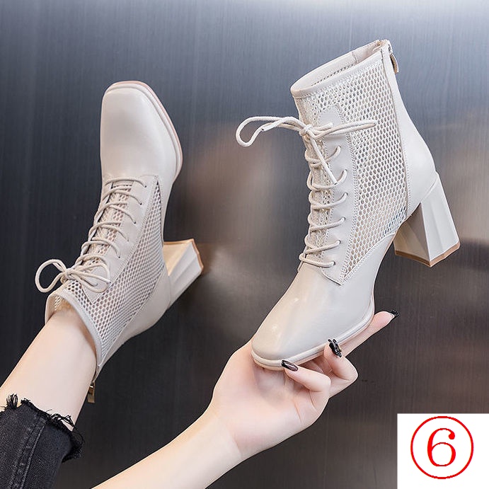 Giày Bốt Martin Cao Gót Phối Lưới Mỏng Thời Trang Mùa Hè 2023 Phong Cách Mới Cho Nữ