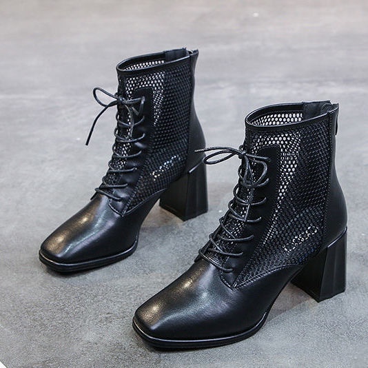 Giày Bốt Martin Cao Gót Phối Lưới Mỏng Thời Trang Mùa Hè 2023 Phong Cách Mới Cho Nữ