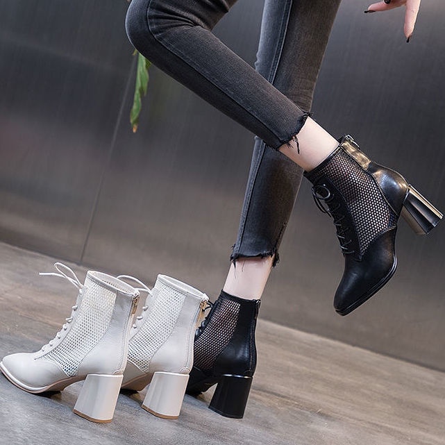 Giày Bốt Martin Cao Gót Phối Lưới Mỏng Thời Trang Mùa Hè 2023 Phong Cách Mới Cho Nữ
