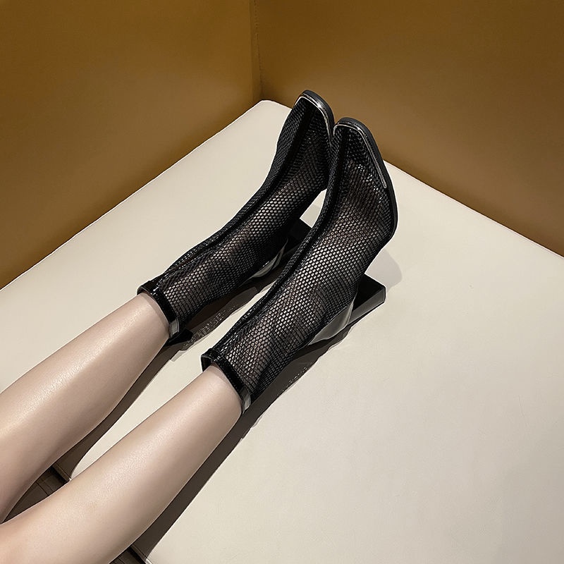 Giày Bốt Cao Gót Phối Lưới Thoáng Khí Phong Cách Hàn Quốc Thời Trang Mùa Xuân Mới Cho Nữ