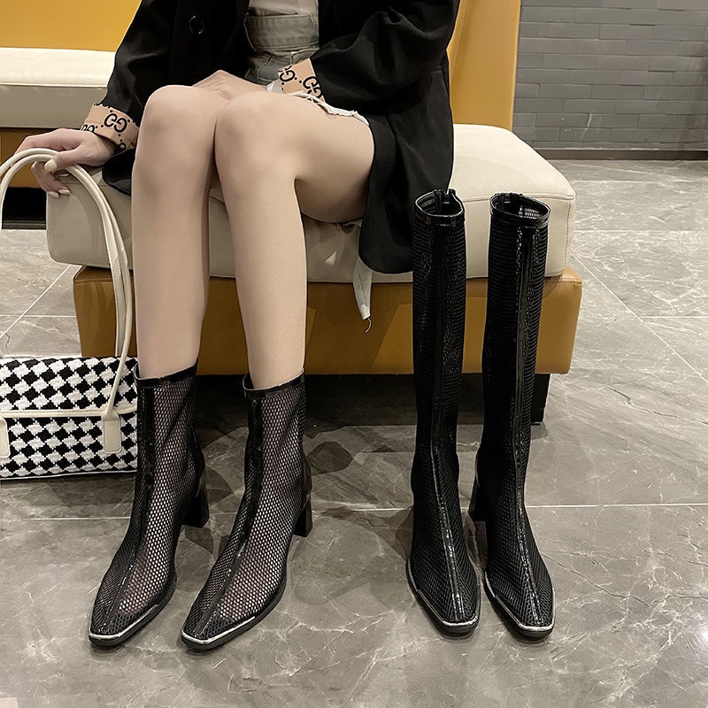 Giày Bốt Cao Gót Phối Lưới Thoáng Khí Phong Cách Hàn Quốc Thời Trang Mùa Xuân Mới Cho Nữ