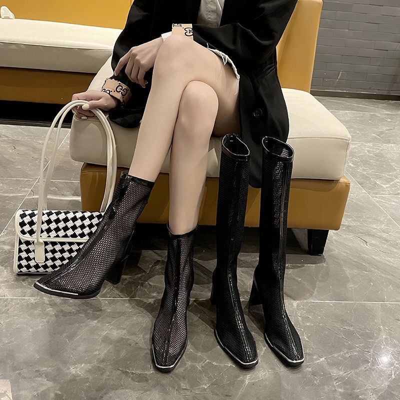Giày Bốt Cao Gót Phối Lưới Thoáng Khí Phong Cách Hàn Quốc Thời Trang Mùa Xuân Mới Cho Nữ