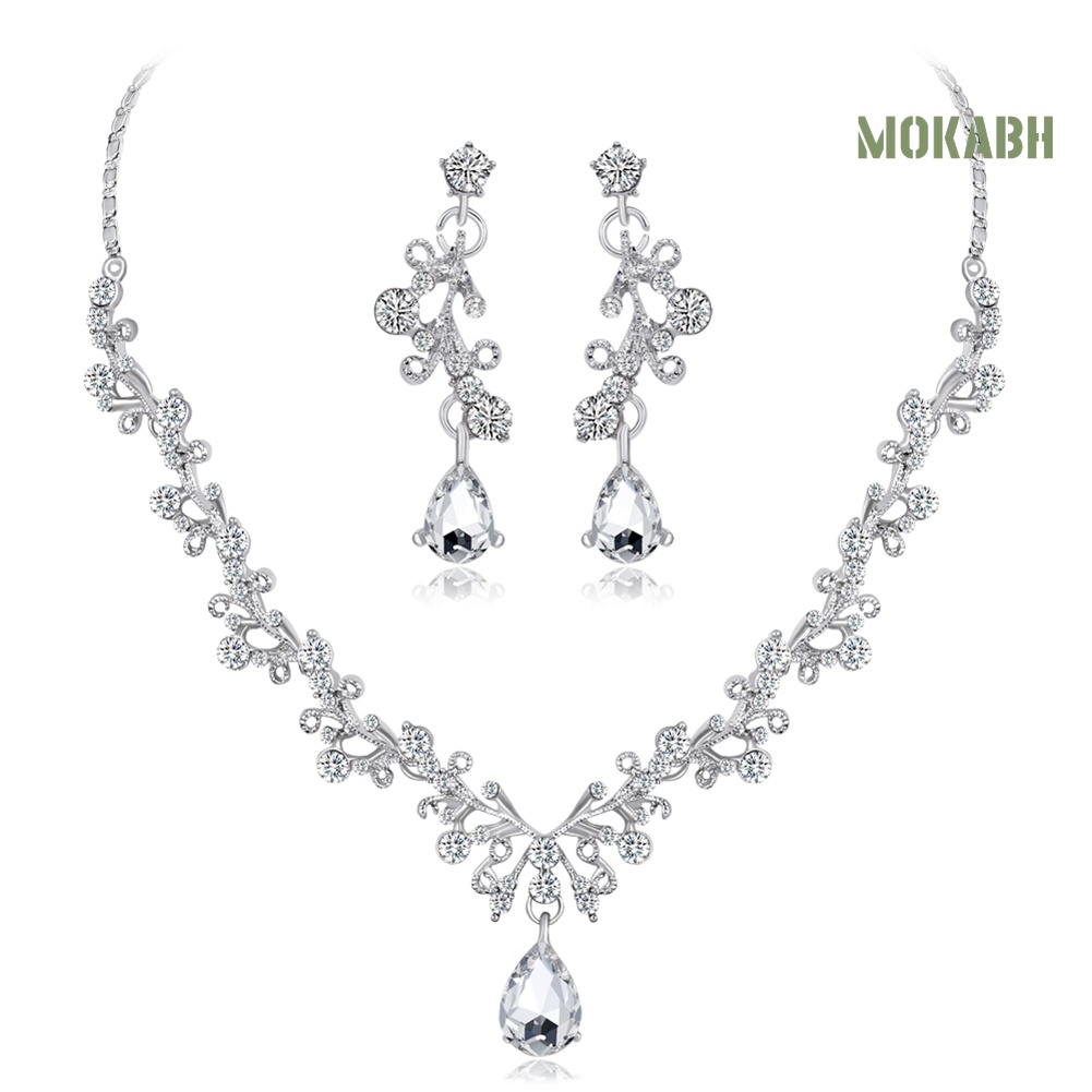 Bộ Vòng cổ + Bông Tai Đính Đá Hình Giọt Nước Thời Trang Cho Nữ