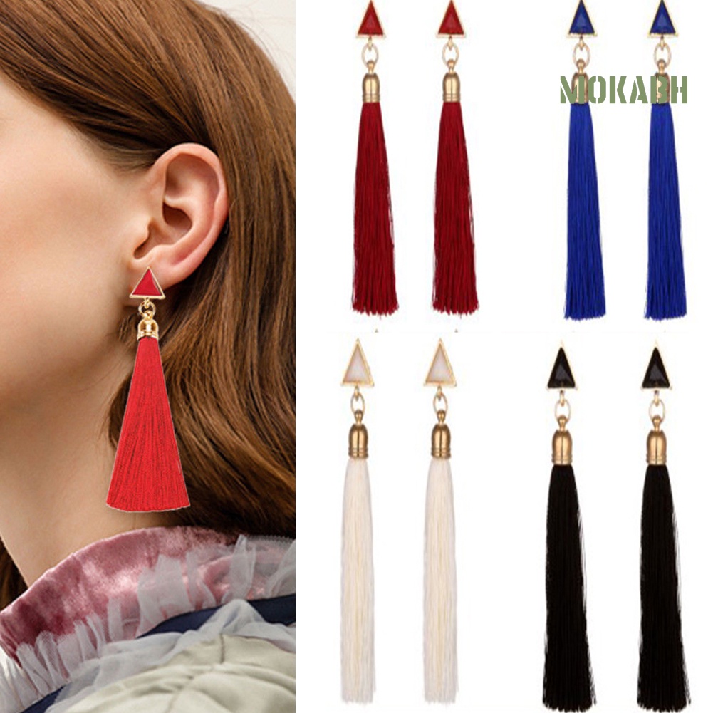 Bông Tai Dáng Dài Hình Tam Giác Phối Tua Rua Phong Cách Bohemian Thời Trang Cho Nữ