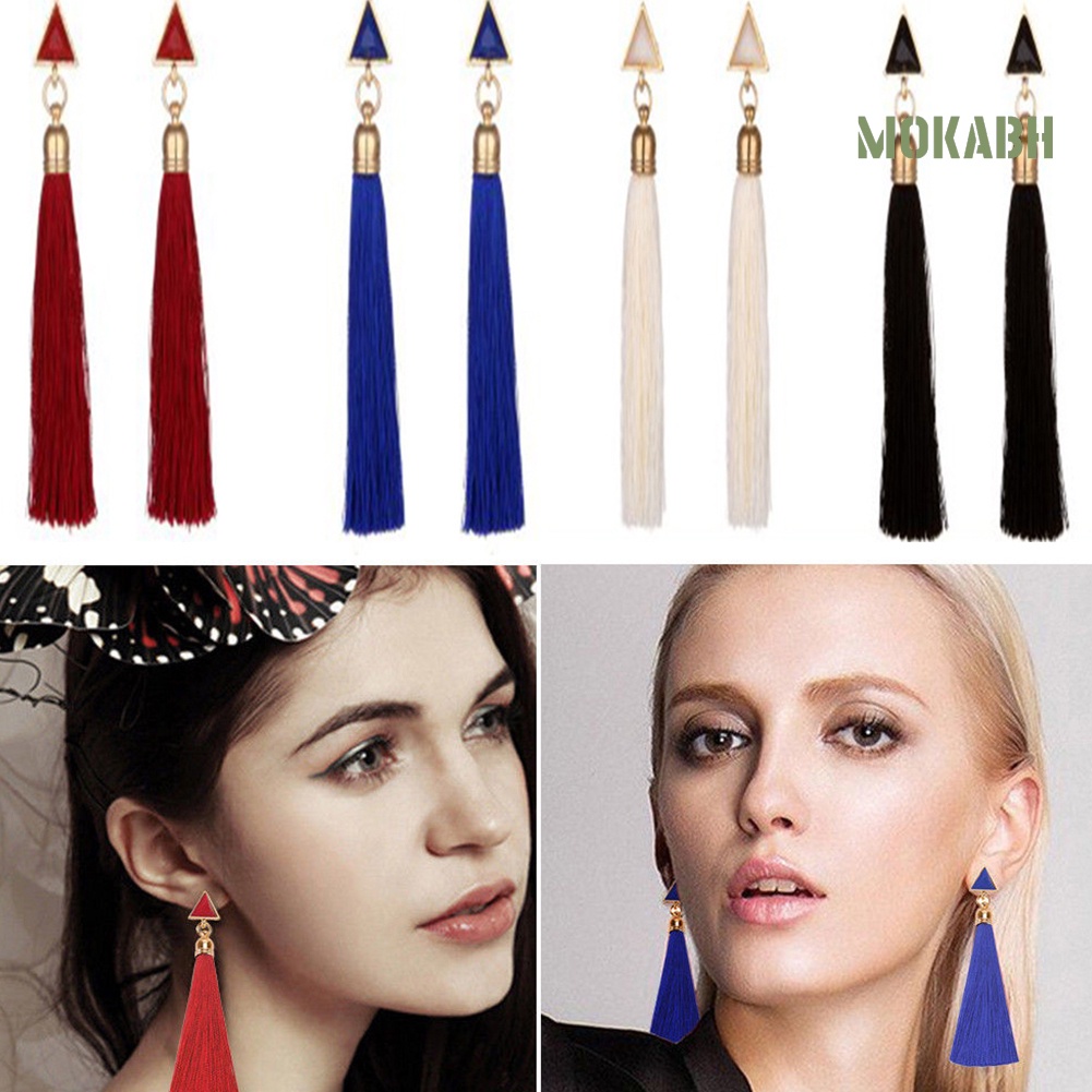 Bông Tai Dáng Dài Hình Tam Giác Phối Tua Rua Phong Cách Bohemian Thời Trang Cho Nữ