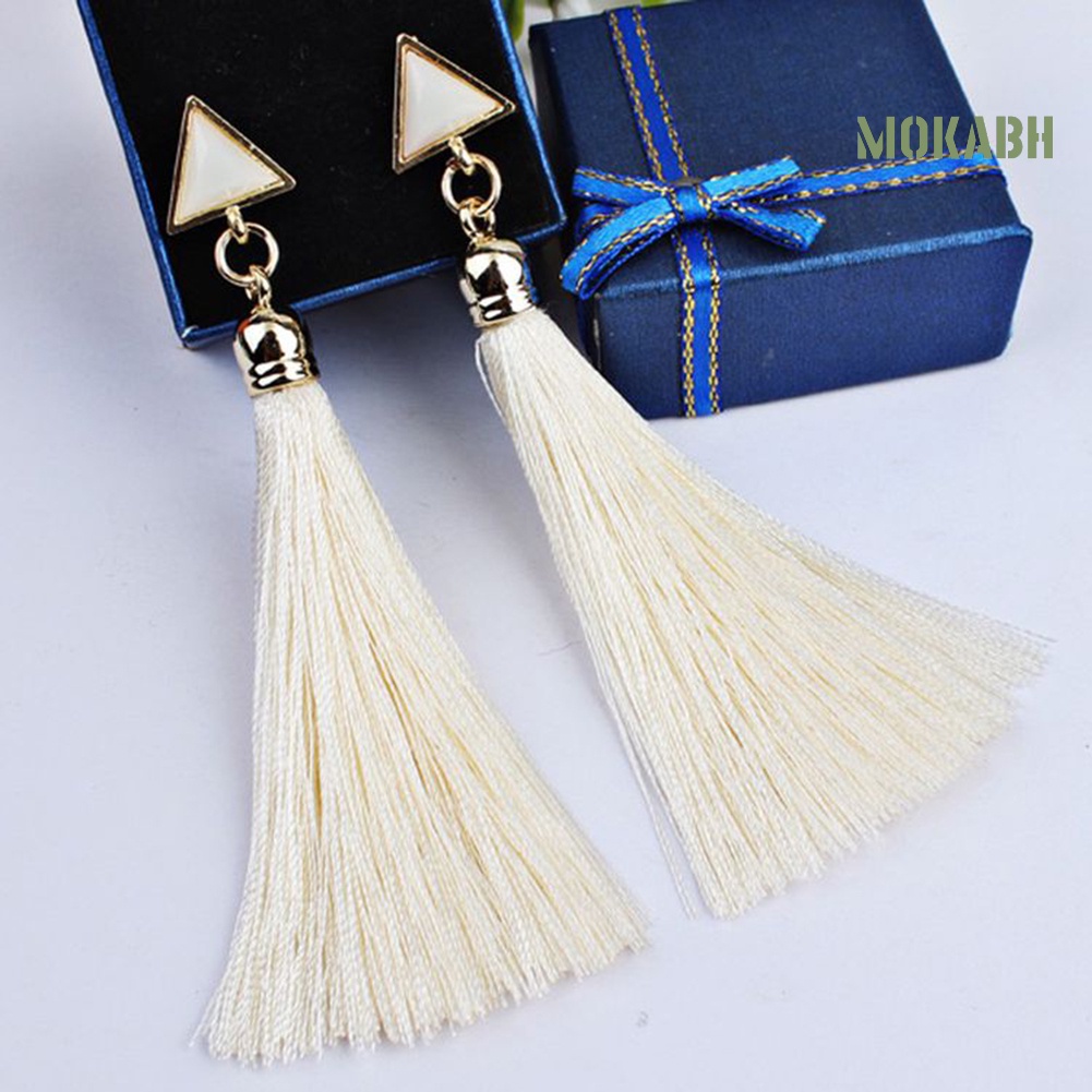 Bông Tai Dáng Dài Hình Tam Giác Phối Tua Rua Phong Cách Bohemian Thời Trang Cho Nữ