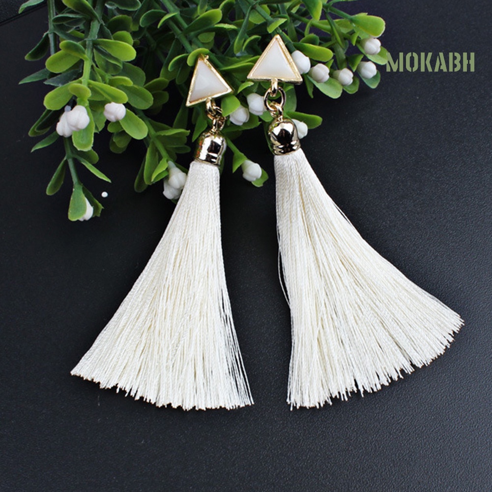 Bông Tai Dáng Dài Hình Tam Giác Phối Tua Rua Phong Cách Bohemian Thời Trang Cho Nữ