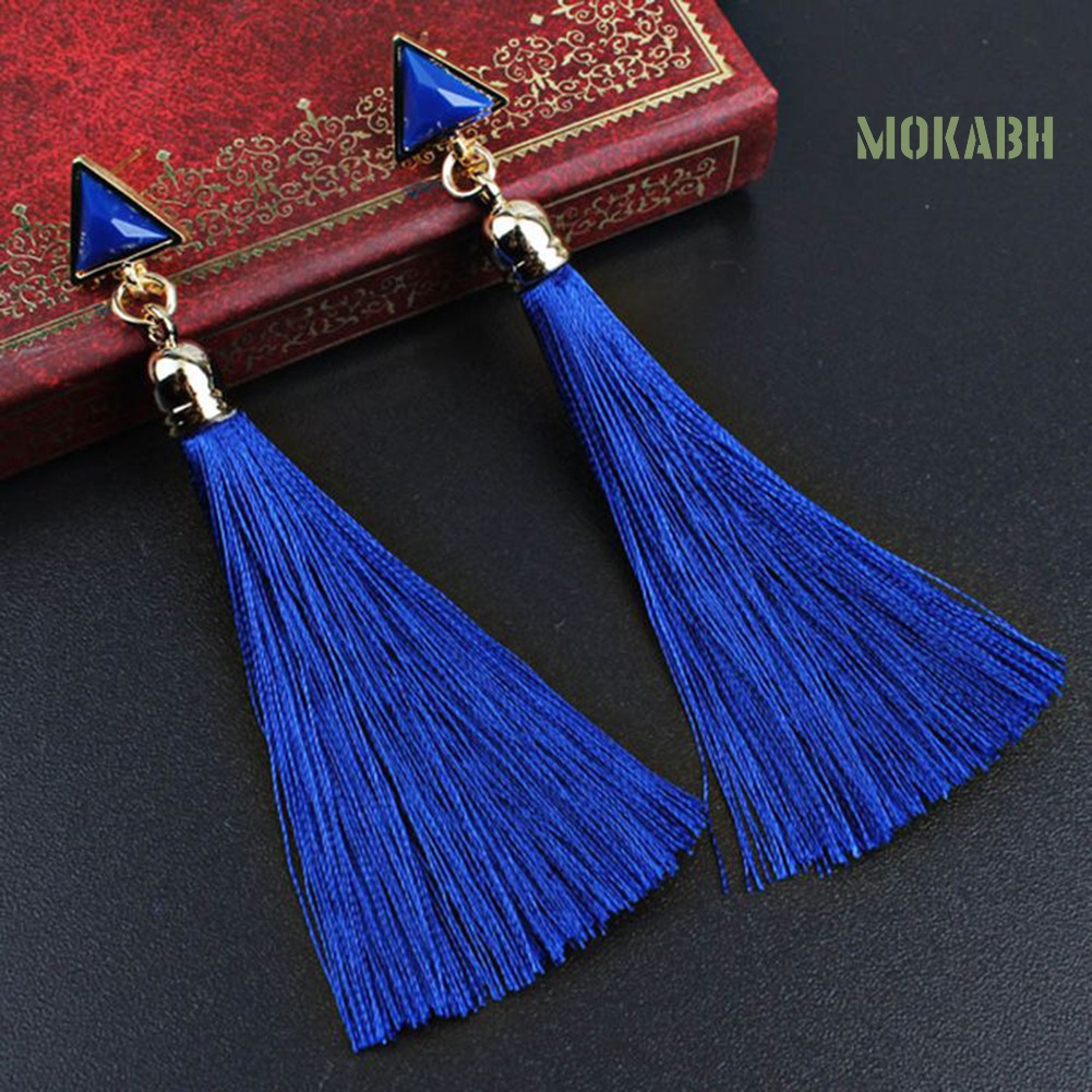 Bông Tai Dáng Dài Hình Tam Giác Phối Tua Rua Phong Cách Bohemian Thời Trang Cho Nữ