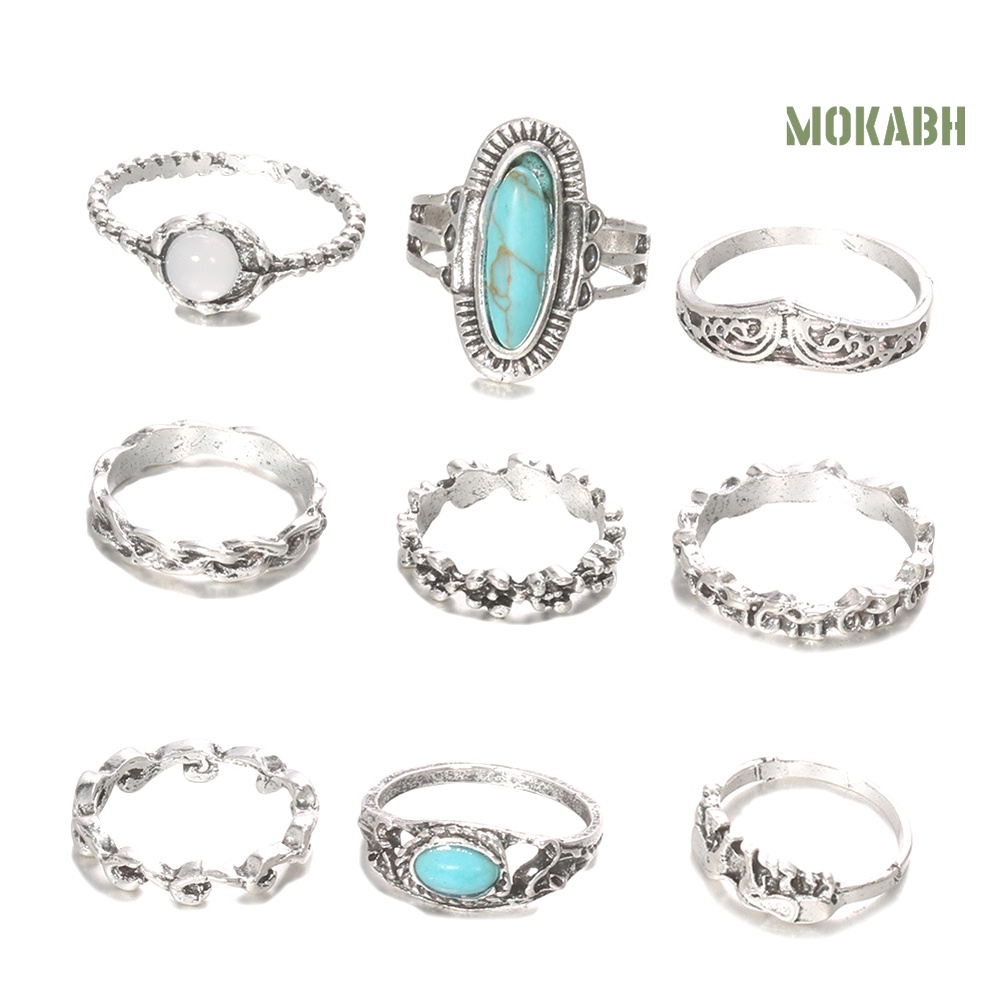 Bộ 9 Nhẫn Đính Đá Ngọc Lam Nhân Tạo Phong Cách Bohemian Thời Trang Cho Nữ