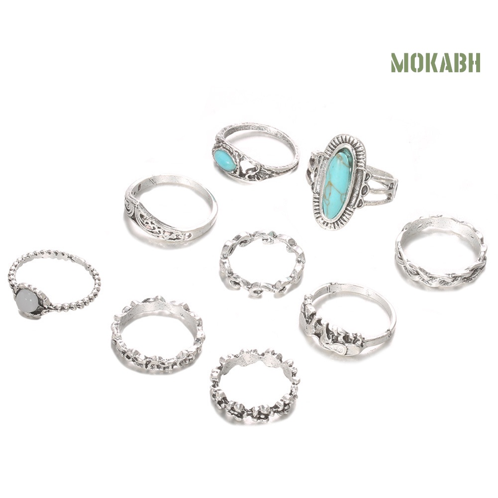 Bộ 9 Nhẫn Đính Đá Ngọc Lam Nhân Tạo Phong Cách Bohemian Thời Trang Cho Nữ