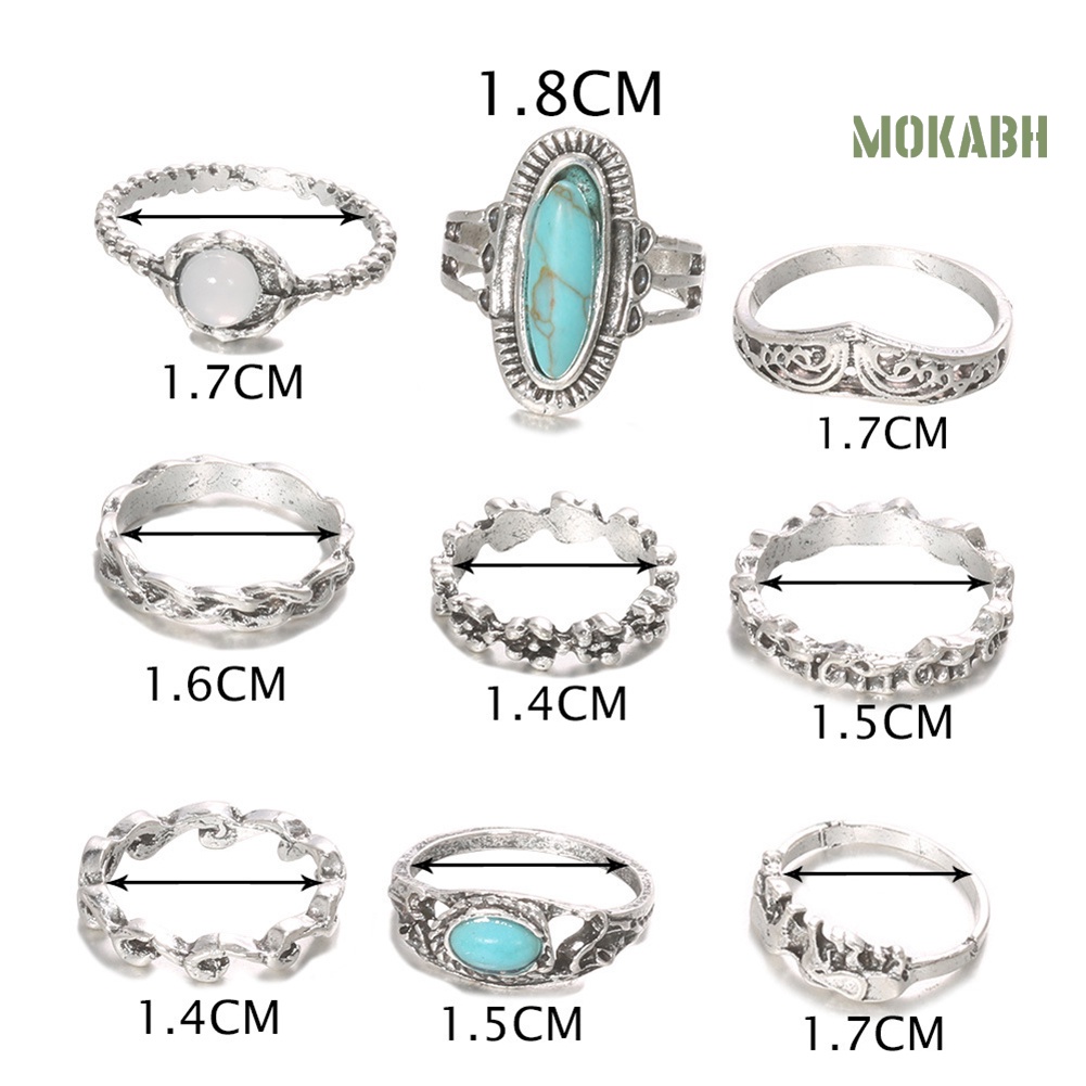 Bộ 9 Nhẫn Đính Đá Ngọc Lam Nhân Tạo Phong Cách Bohemian Thời Trang Cho Nữ