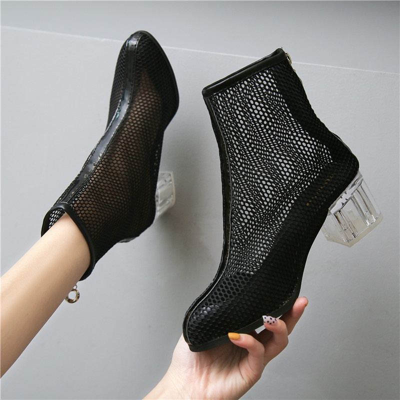 Giày Bốt Cao Gót Sandal Phối Lưới Pha Lê Phong Cách Mới Mùa Hè 2021