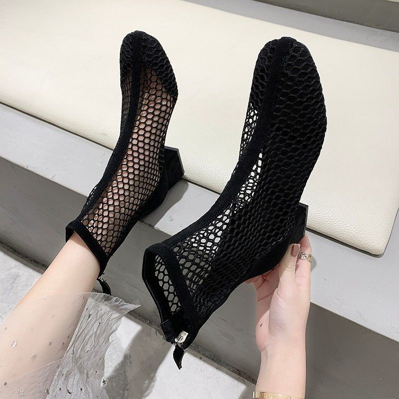 Giày Bốt Cao Gót Sandal Phối Lưới Pha Lê Phong Cách Mới Mùa Hè 2021