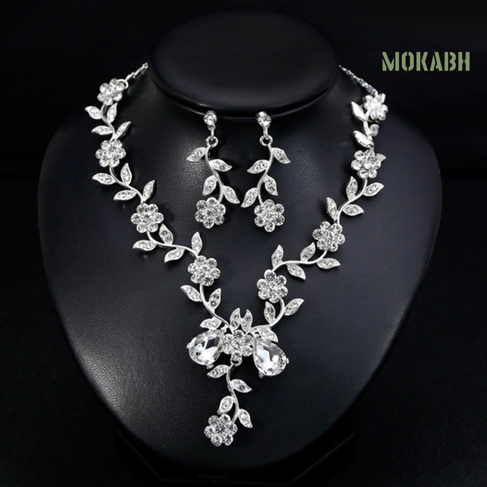 Bộ Vòng cổ + Bông Tai Hình Hoa Lá Đính Kim Cương Giả Cho Nữ