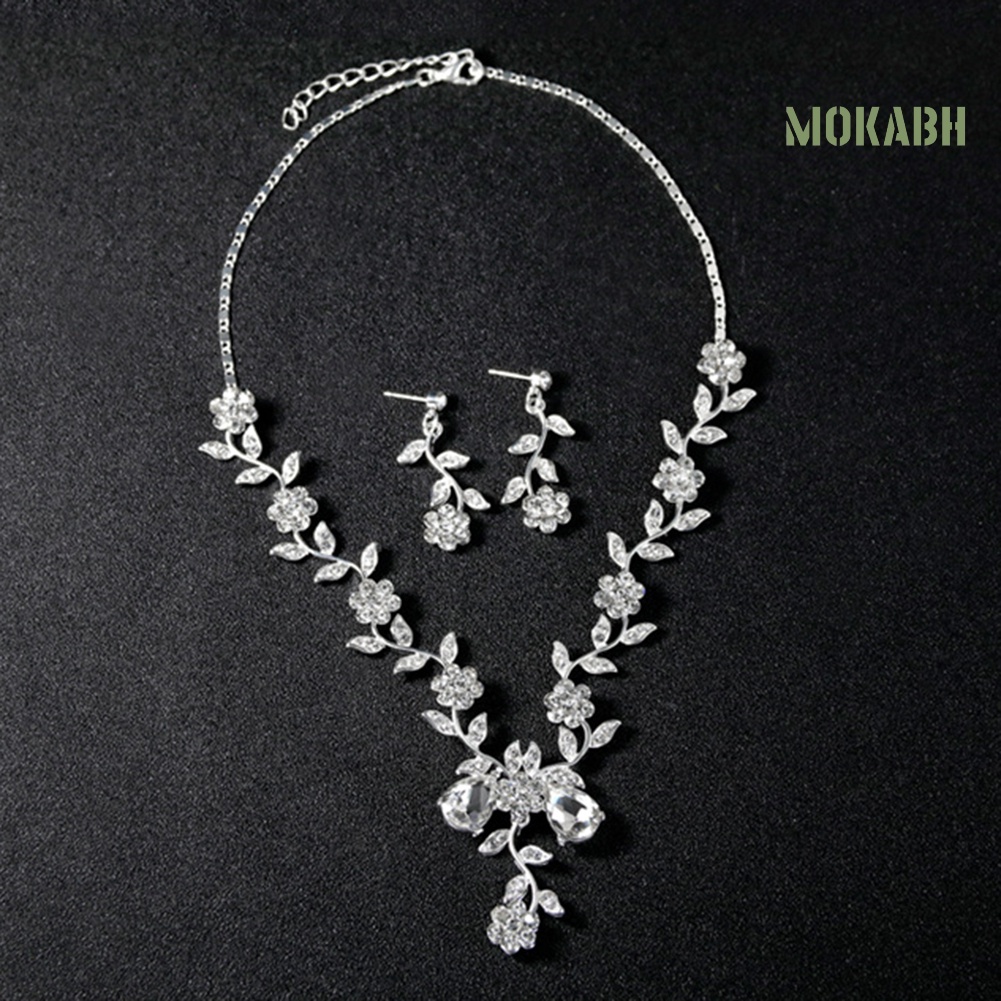 Bộ Vòng cổ + Bông Tai Hình Hoa Lá Đính Kim Cương Giả Cho Nữ