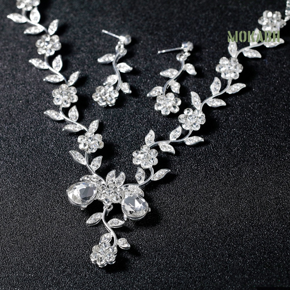 Bộ Vòng cổ + Bông Tai Hình Hoa Lá Đính Kim Cương Giả Cho Nữ