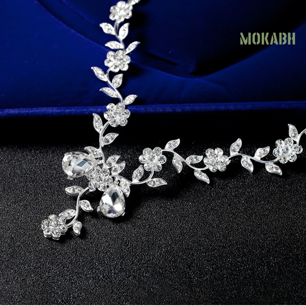 Bộ Vòng cổ + Bông Tai Hình Hoa Lá Đính Kim Cương Giả Cho Nữ