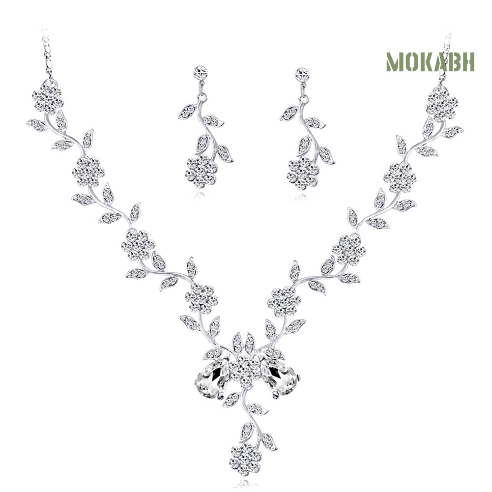 Bộ Vòng cổ + Bông Tai Hình Hoa Lá Đính Kim Cương Giả Cho Nữ