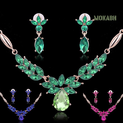 Bộ Vòng cổ + Bông Tai Bằng Hợp Kim Đính Đá Hình Hoa Cho Nữ