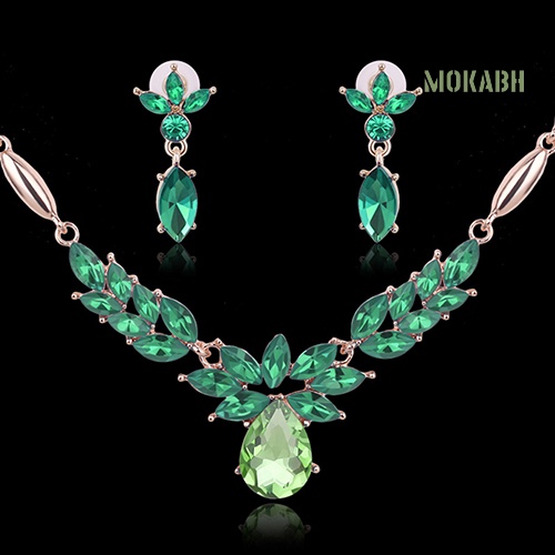 Bộ Vòng cổ + Bông Tai Bằng Hợp Kim Đính Đá Hình Hoa Cho Nữ